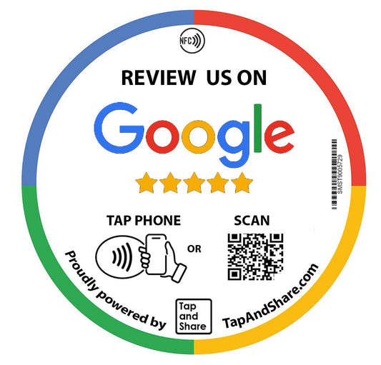 Contactless Sharing Smart NFC 'Review Us on Google' 10cm Adhesive Epoxy Sticker + QR code